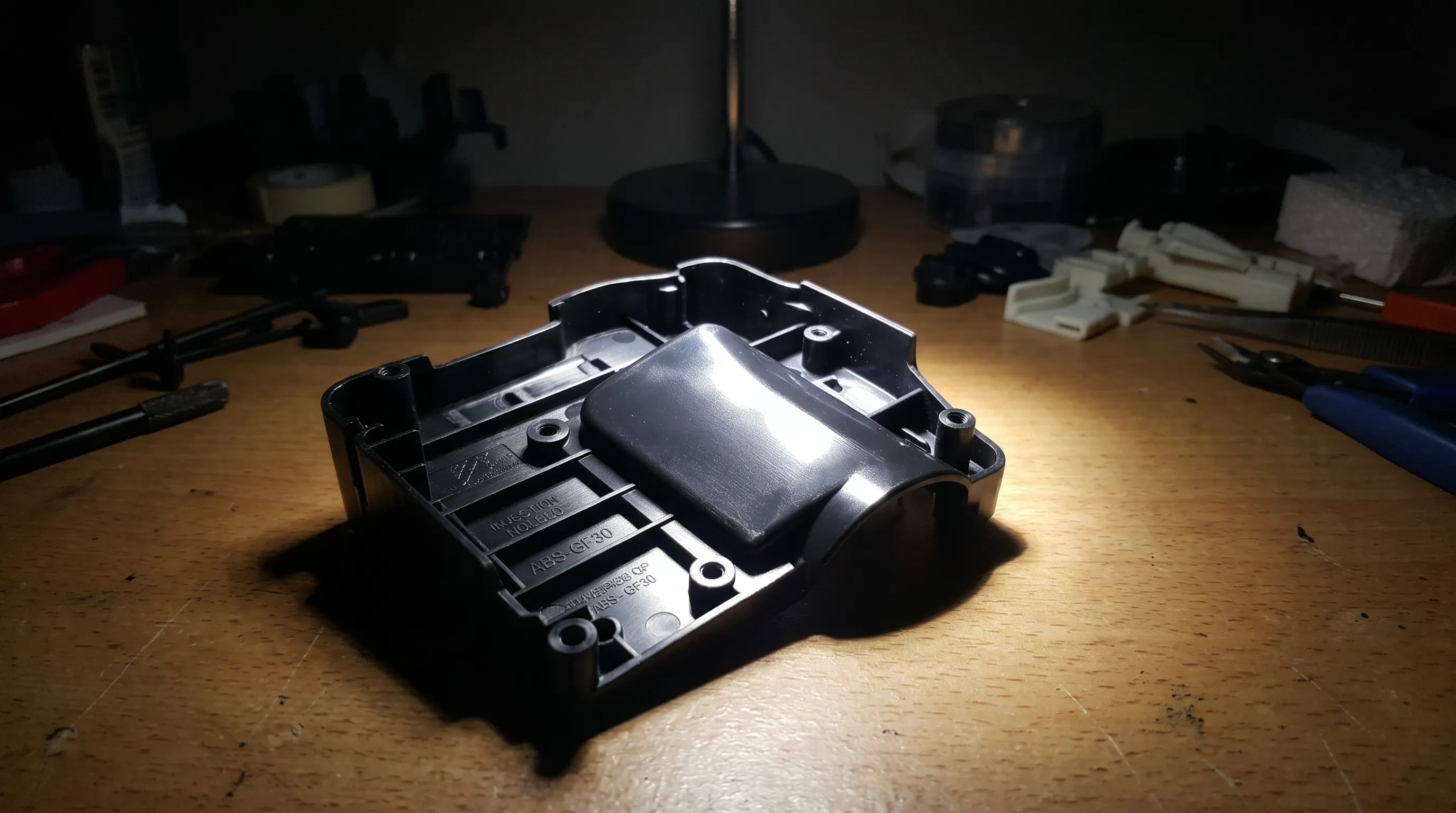 凹凸・曲面ワーク検査でなぜ「誤判定」が起きるのか? 暗がりで黒いプラスチックにスポットライトが当たっていて